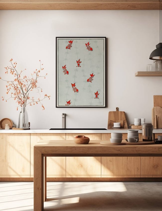 A kitchen with a table and a painting on the wall