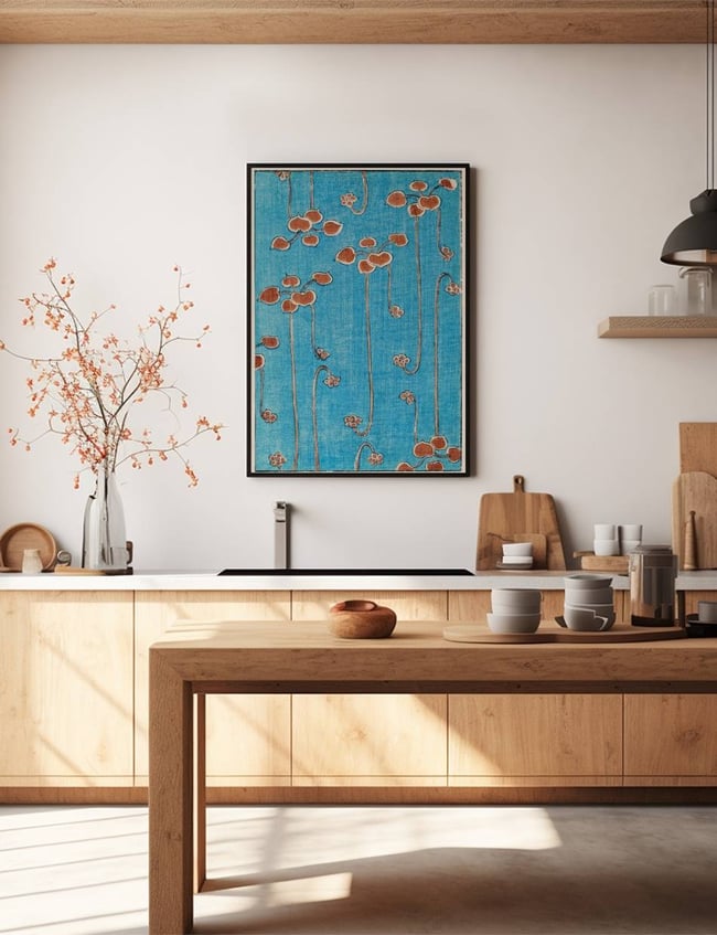 A kitchen with a painting on the wall