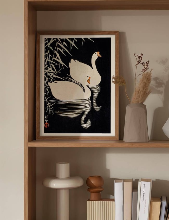 White Chinese Geese Swimming - Ohara Koson