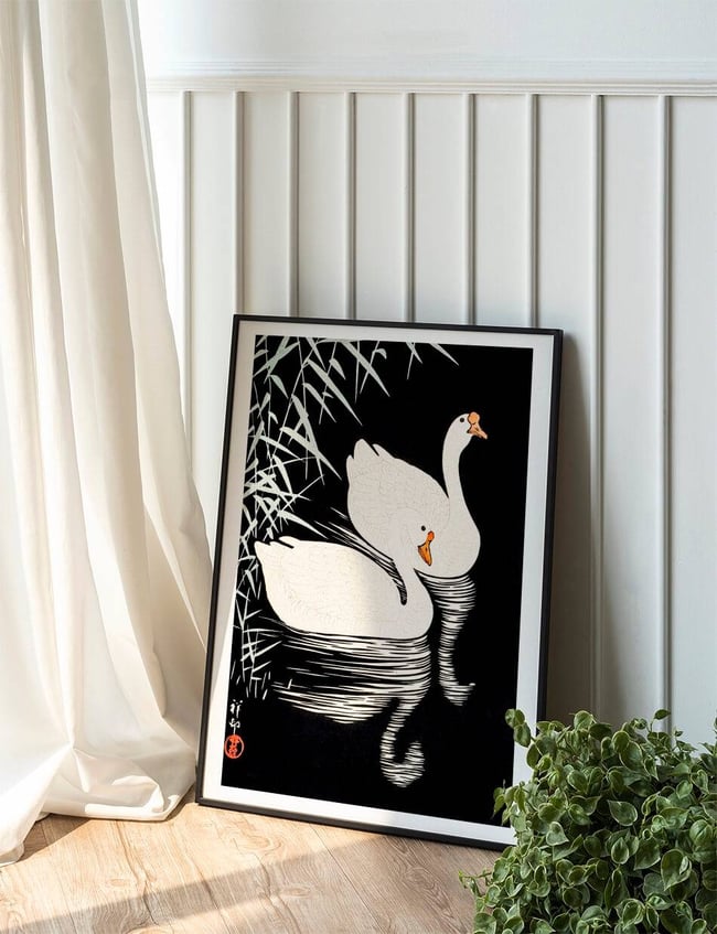 White Chinese Geese Swimming - Ohara Koson