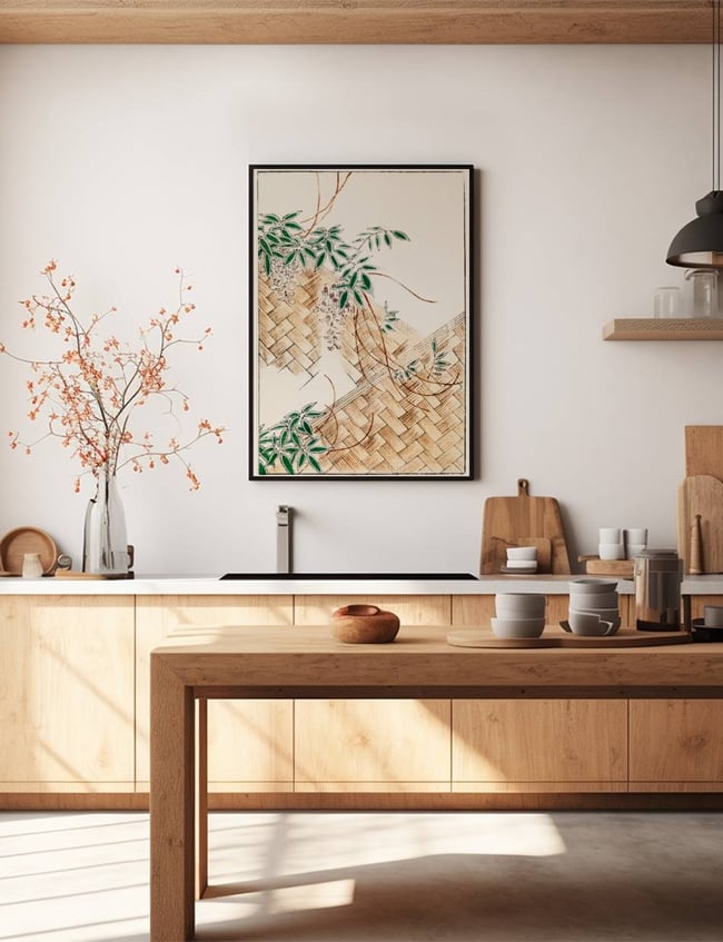 A kitchen with a table and a painting on the wall