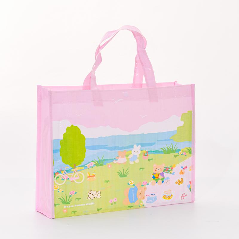 Cute Pink Cartoon Tote Bag | Reusable Laminated Shopping Bag