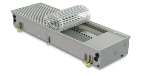 Convettore a pavimento con ventilatore per riscaldamento, raffrescamento e ventilazione FCHV4 250-ALS con griglia avvolgibile in alluminio color argento