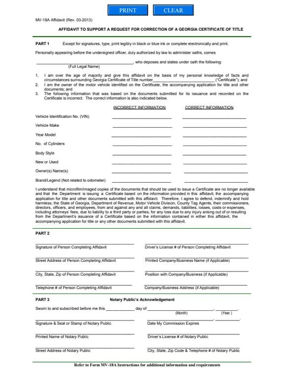 Atlanta, Affidavit to Support a Request for Correction of a