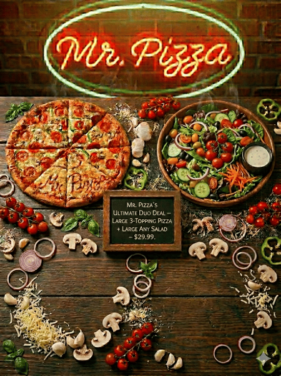 MR. Pizza's Ultimate Duo Deal! (Lg 3 Topping Lg salad)