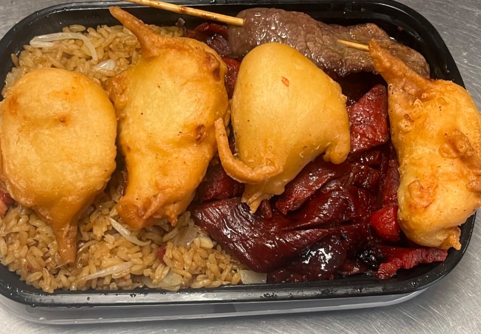 E. Boneless Spare Ribs, Pork Fried Rice, Chicken Fingers, Beef Teriyaki & Can Soda