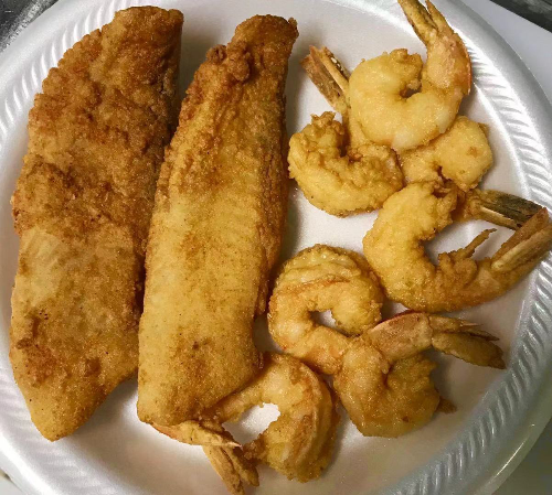 22E. Fried Fish (2) & Large Shrimp (6)