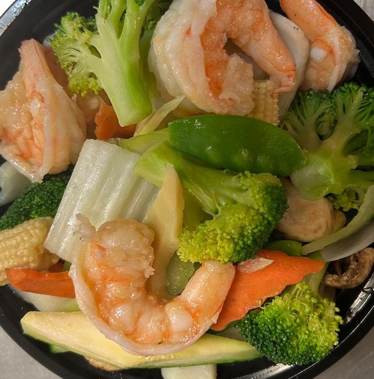 水煮什菜虾 <br> Steamed Shrimp w. Mix Vegetable