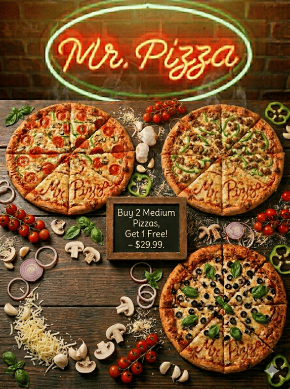 Buy 2 Medium Pizzas, Get 1 Free!