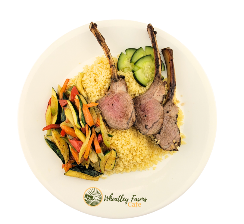 Pan Seared Lamb Chops over Couscous with Sauteed Vegetables