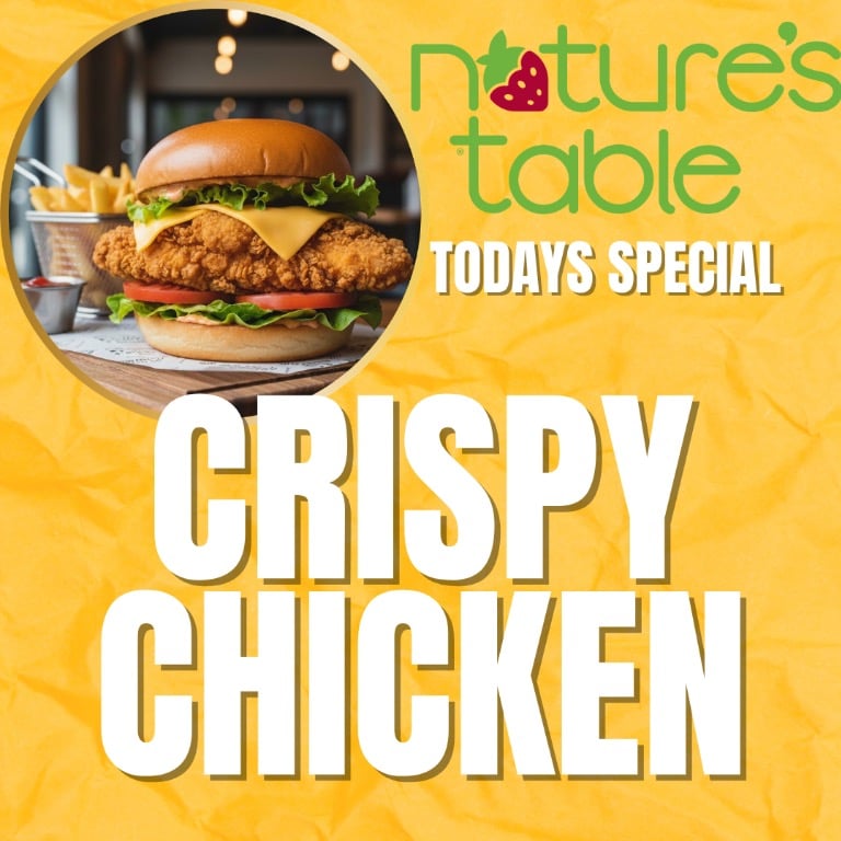 TODAY’S SPECIAL: CRISPY CHICKEN ORGANIC BURGER with chips + Drink