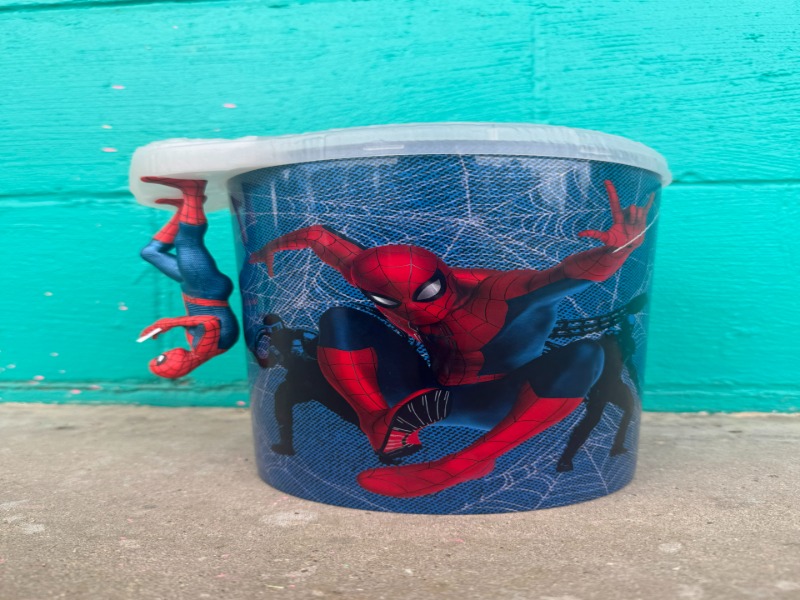 Spider-Man Brand New Day plastic 130 oz. popcorn bucket with hanging Spider-Man