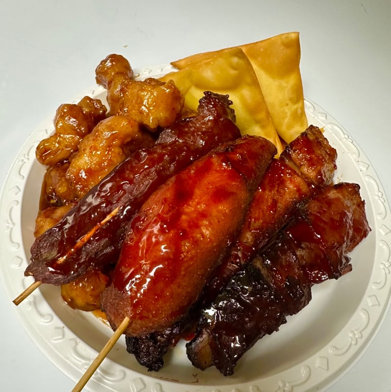2. Bar-B-Q Ribs, Skewered Chicken & Beef & Cheese Wonton w. General Tso's Chicken