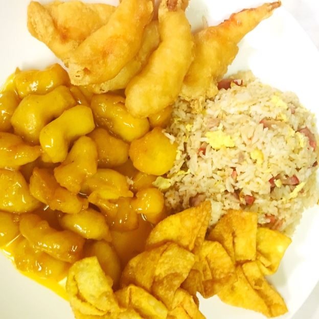 #D. Orange Chicken <br>Pork Fried Rice <br>Fried Shrimp & Crab Puff