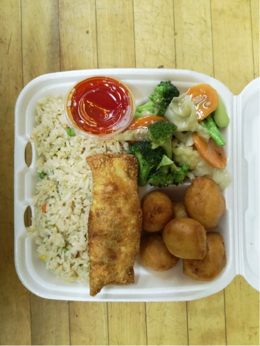 A. Fried Rice, Egg Roll, Mixed Greens,  S&S Chicken Balls