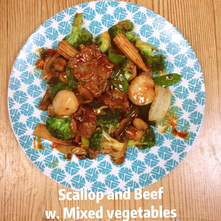 S 6. Scallop and Beef with Mixed Vegetables 什菜牛干贝