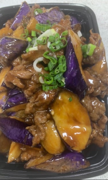 3. Stir Fried Eggplant & Beef on a Bed of Rice