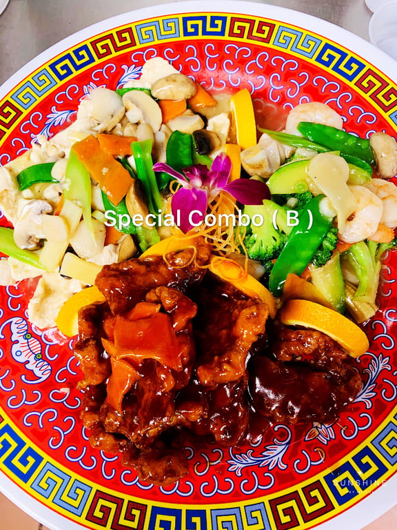 B. Moo Goo Gai Pan, Orange Beef, Shrimp w. Mixed Vegetables Image
