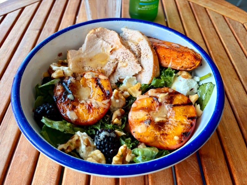 Roasted peach, turkey and goat cheese salad