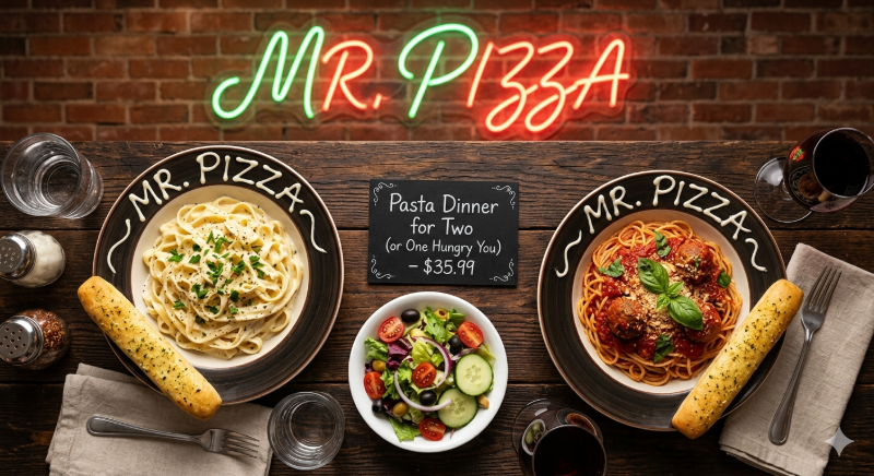Mr. Pizza's Pasta Dinner for Two (or One Hungry You)