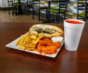 Philly Cheese Steak w. Drink and 5pcs wings