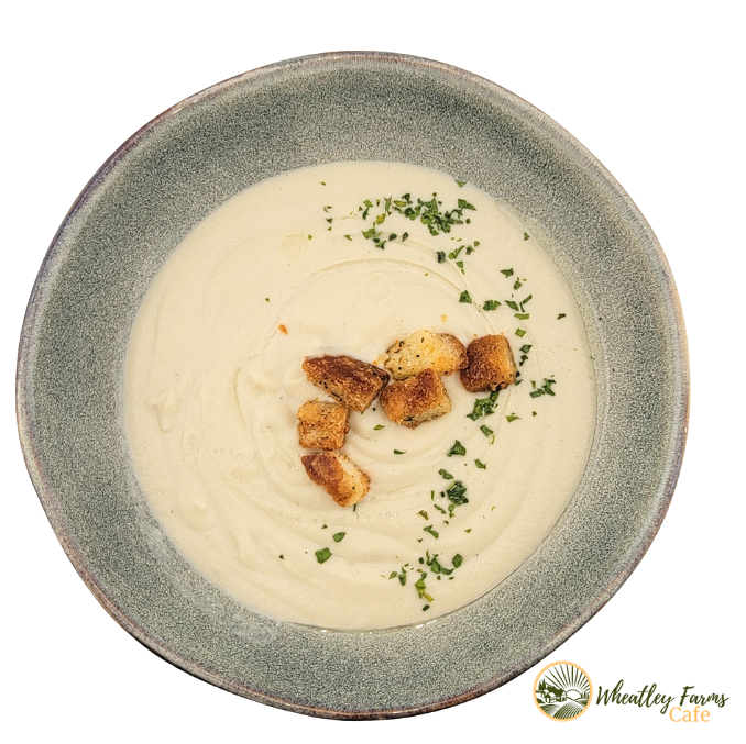 Cream of Cauliflower Soup w/ White Truffle Drizzle and Croutons