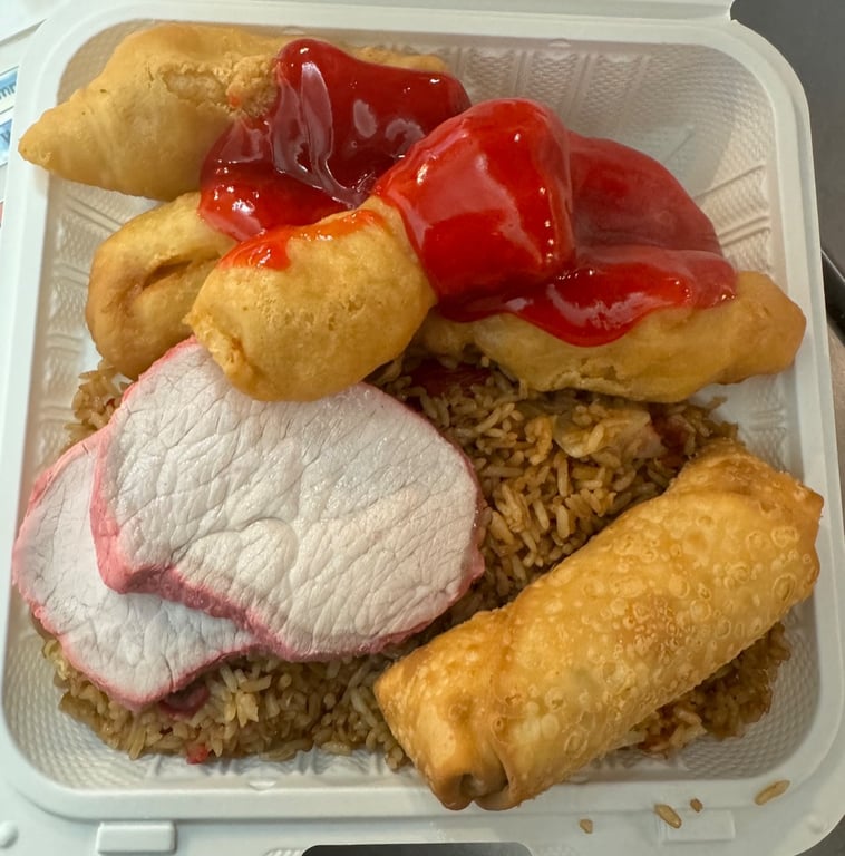H1. Sweet & Sour Chicken, Egg Roll (1) and Pork Strips (2)