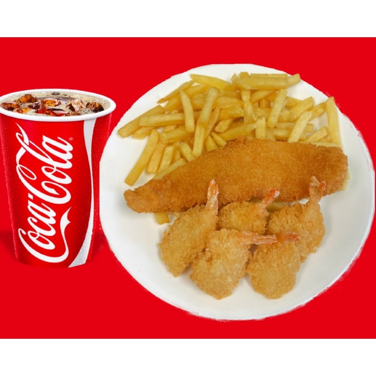 Combo5 1pc Fried Fish 5pc Fried Shrimp & Fries&Drink1条炸鱼和5个炸虾跟薯条饮料