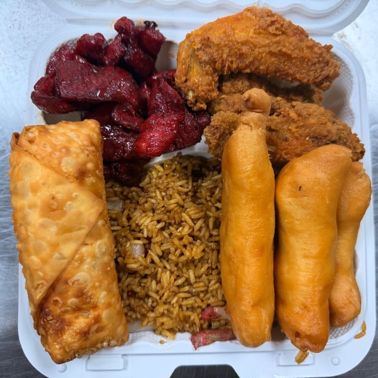No.7. Egg Roll (1), Boneless Ribs, Chicken Wings (3), Chicken Fingers (3)