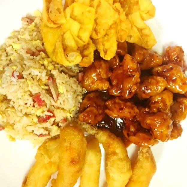 #D. General Tso's Chicken <br>Pork Fried Rice <br>Fried Shrimp & Crab Puff