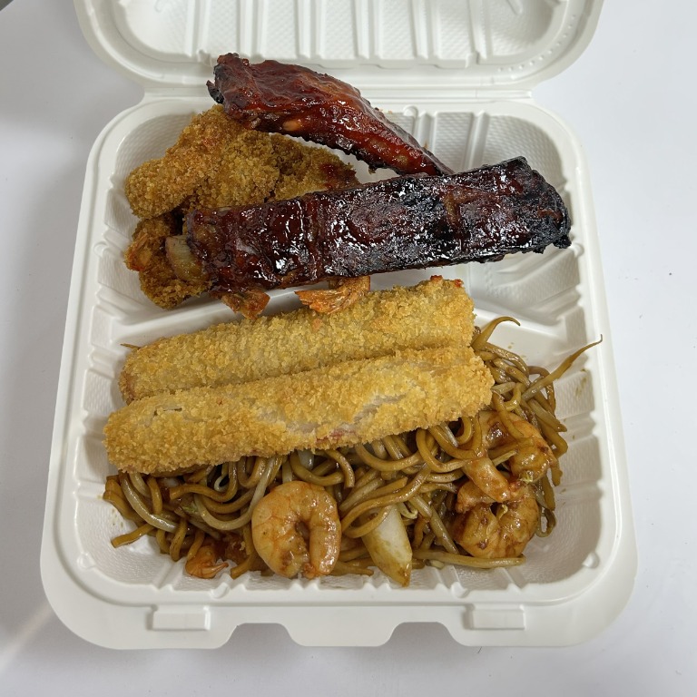 5. Fried Shrimp, B-B-Q Ribs & Fried Crab Sticks w. Shrimp Lo Mein