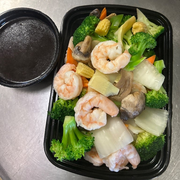 水煮什菜虾<br>D 6. Steamed Shrimp w. Mixed Vegetables