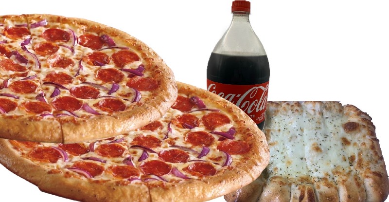 2 Large 2 Toppings, Cheesy Bread & One 2 Liter Drink
