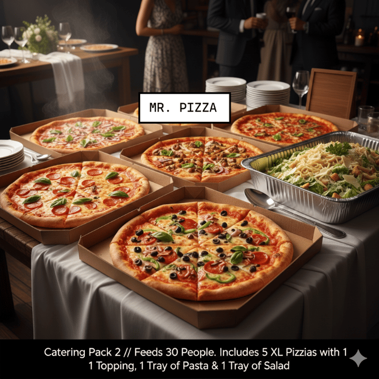 Catering Pack 2 (5 XL Pizzas with 1 Topping on each & 1 Tray of any Pasta & 1 Tray Salad.)