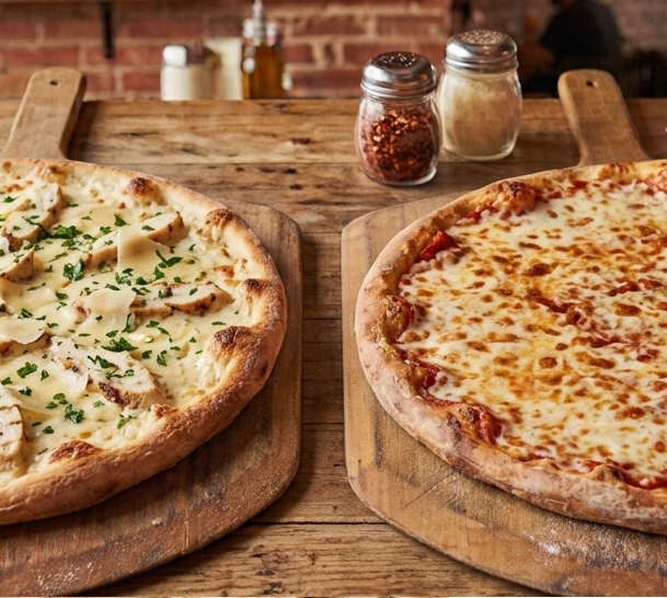 2 Pizza 1 Lg. Chick Alfredo 1 Lg. Cheese & an Appetizer