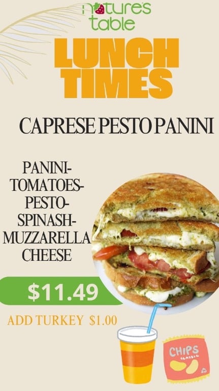 TODAY’S SPECIAL: Caprese Pesto Panini + Chips + Drink