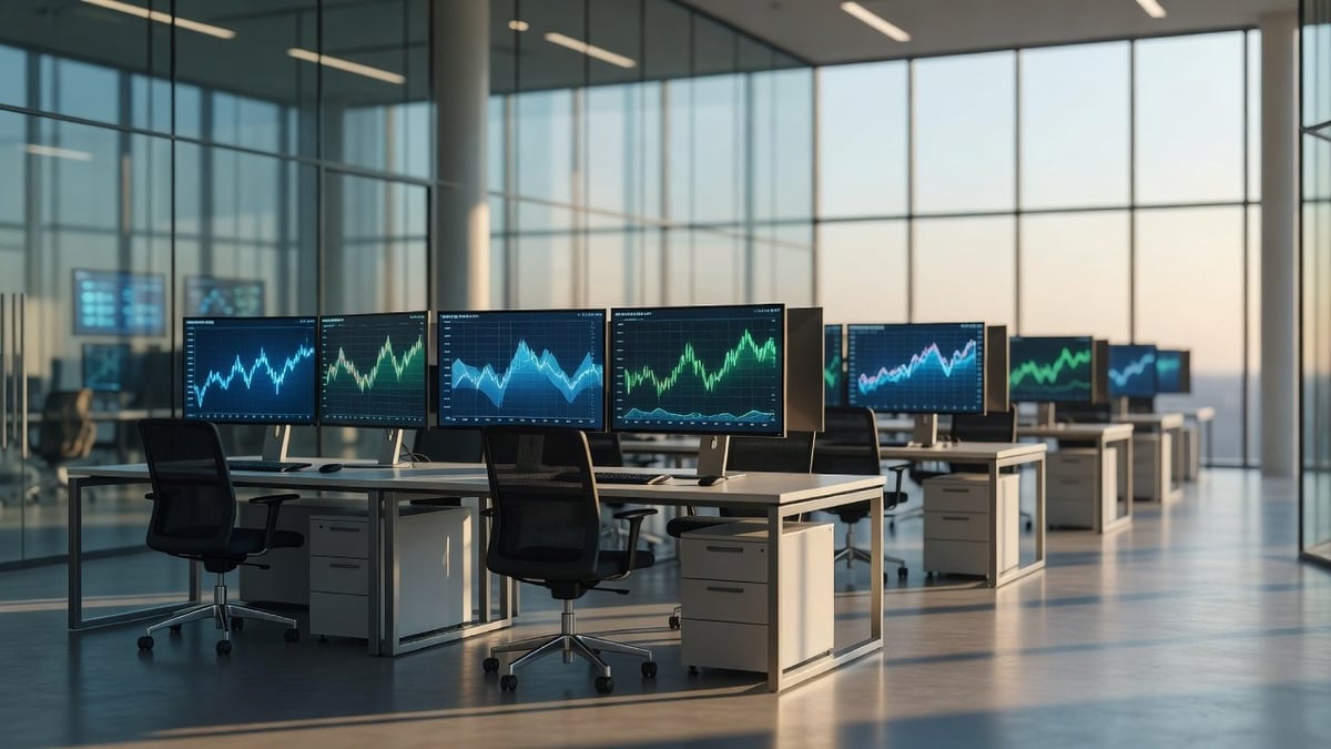 Rows of desks with monitors showing blue and green charts in a bright, empty glass-walled office
