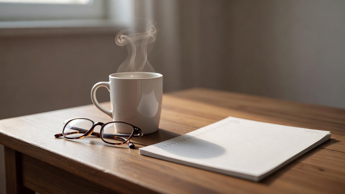 A steaming white coffee mug, reading glasses and a blank desk calendar pad on a wooden table in morning light