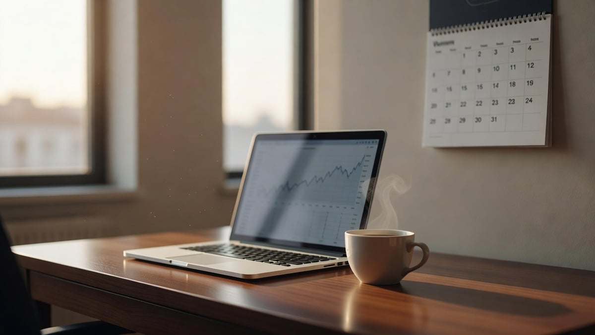 A laptop showing a chart and a cup of coffee on a desk beside a wall calendar in morning light