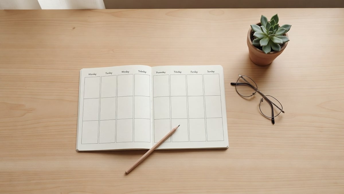 An open weekly planner with empty squares, a pencil, reading glasses and a small plant on a wooden desk