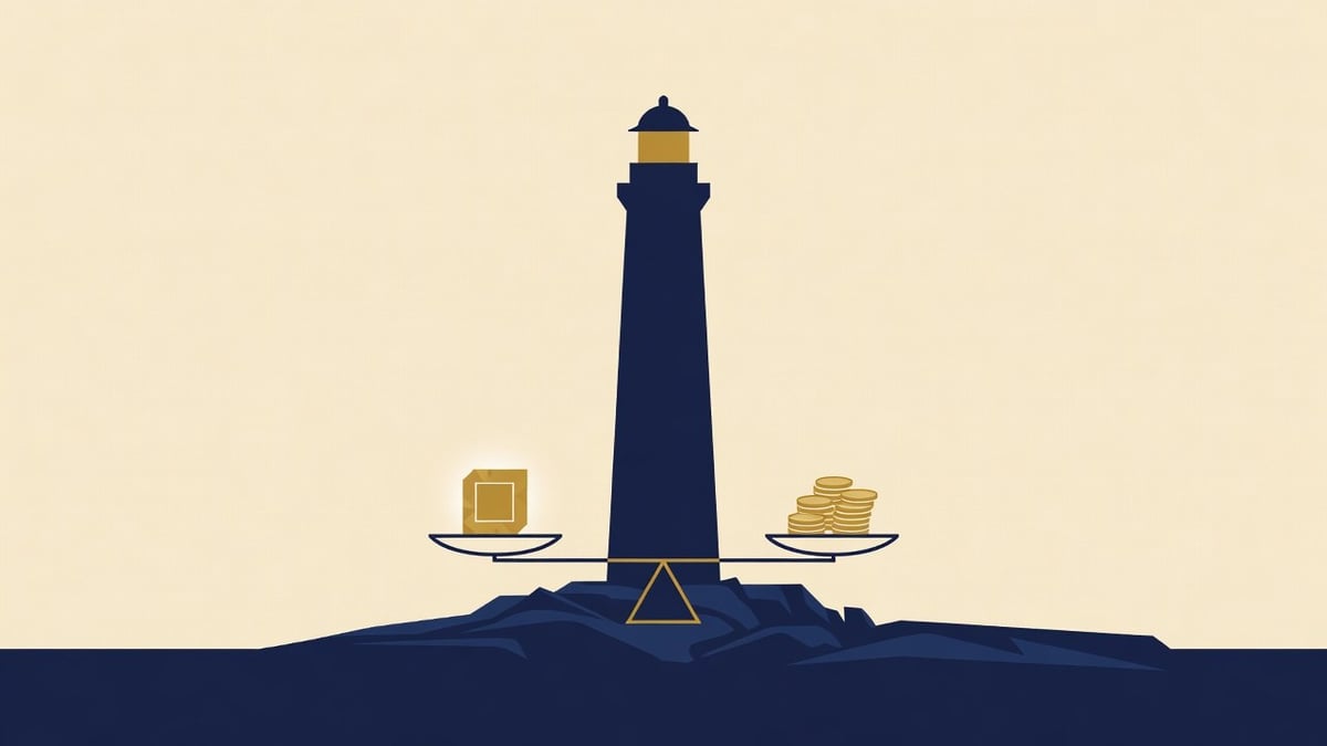 A lighthouse beside a balanced scale holding a gold chip and gold coins