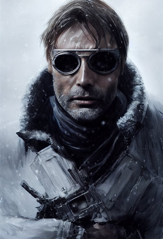prompthunt: Mads Mikkelsen as Solid Snake, snow, stealth tactical night  gear, eye patch, intricate detail, cinematic lighting, photo realistic, in  the style of Darek Zabrocki and Moebius and Juan Gimenez and Gediminas