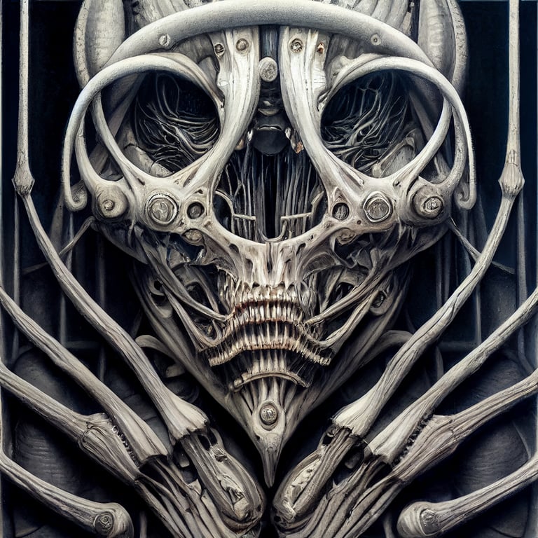 enforced justice, in the style of HR Giger, biomechanical features, Giger's biomechanics, intricate details, airbrush, photorealism, monochromatic,
