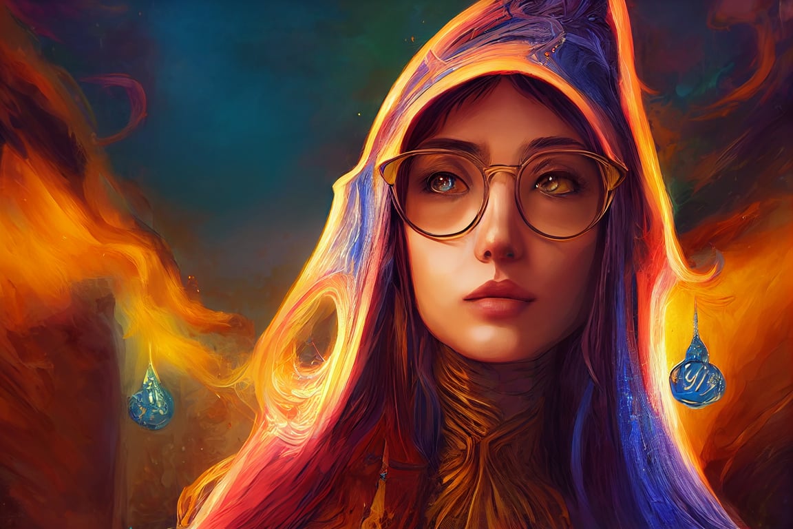 Subject is a beautiful female wizard wearing glasses, background is the end of time, vivid color , trending on artstation, by Jeff Easley and Android Jones in manga style, intricate details, cinematic, soft cinematic lighting