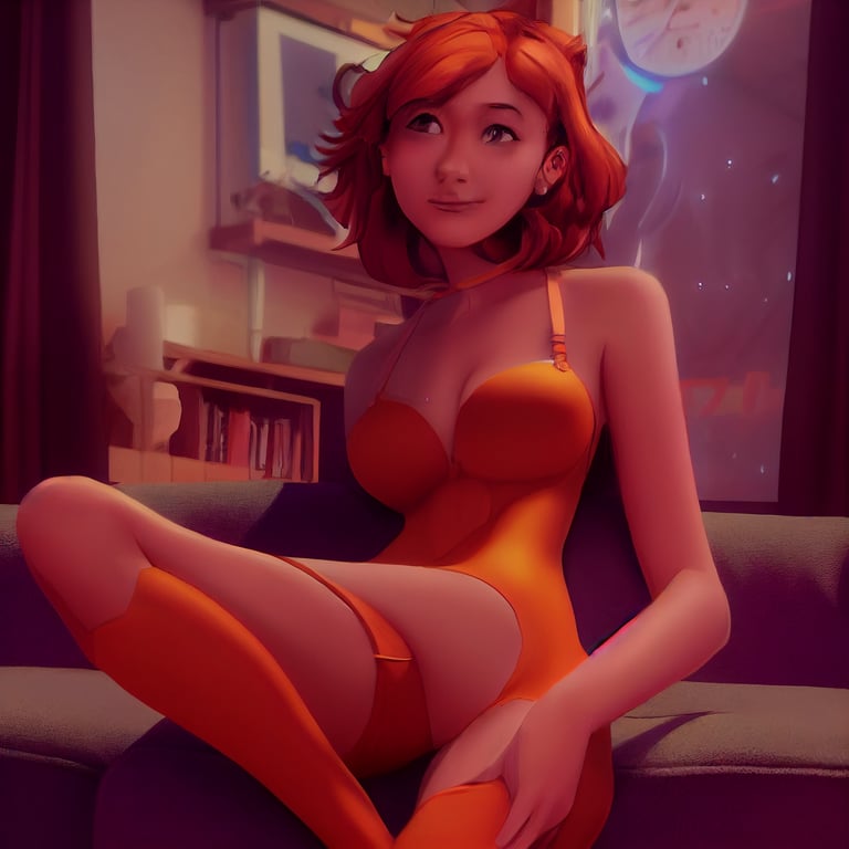 prompthunt: burlesque female garfield with a human body louging across a  couch, scantly clad, intimate, full body, grey couch, overwatch style,  background art by Makoto Shinkai, detailed, smooth, kleggt doe eyes,  breathtaking,
