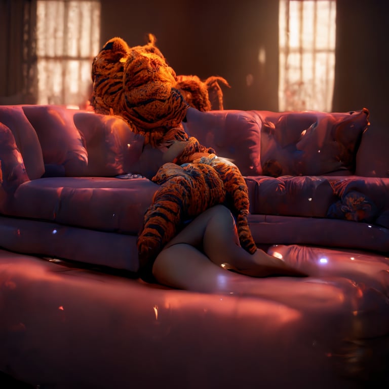 prompthunt: burlesque female garfield with a human body louging across a  couch, scantly clad, intimate, full body, grey couch, overwatch style,  background art by Makoto Shinkai, detailed, smooth, kleggt doe eyes,  breathtaking,