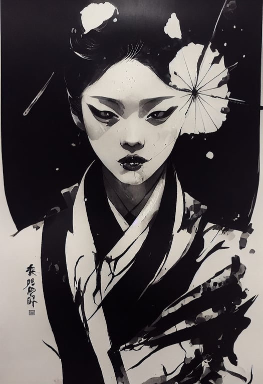 Japanese Geisha, Yoji Shinkawa style, black white gold Ink painting, bold brushstrokes, Concept art