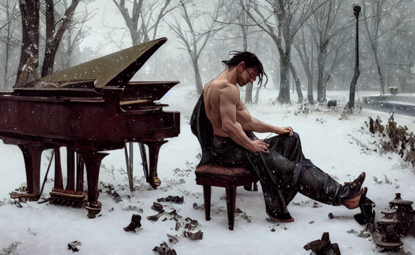 prompthunt: a topless man playing piano in the heavy snow, art by WLOP and  Artgerm and Greg Rutkowski and Alphonse Mucha, masterpiece