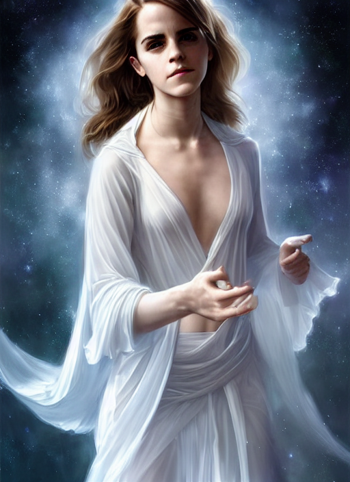 emma watson as magic healer celestial, long hair, white and transparent cloth, space, D&D, shiny background, intricate, elegant, highly detailed, digital painting, artstation, concept art, smooth, sharp focus, illustration, artgerm, bouguereau