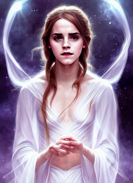 emma watson as magic healer celestial, long hair, white and transparent cloth, space, D&D, shiny background, intricate, elegant, highly detailed, digital painting, artstation, concept art, smooth, sharp focus, illustration, artgerm, bouguereau